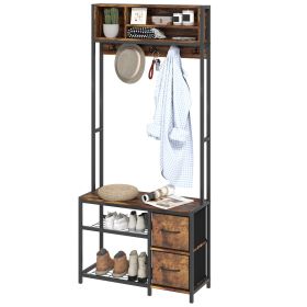 Hall Tree with Bench and Shoe Storage, 5-in-1 Entryway Bench with Coat Rack, 3 Storage Shelves, 2 Fabric Drawers, Brown
