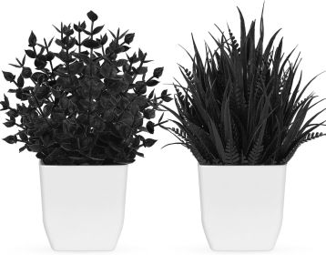 2 Pack Small Black Fake Plants Artificial Potted Plants for Halloween Decor Table Desk Home Office Black Bathroom Decor