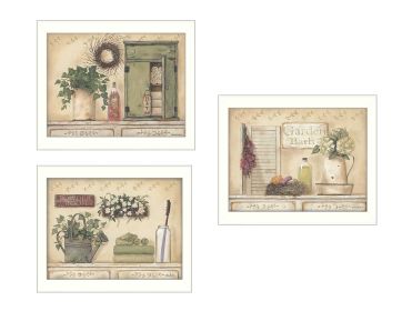 "Garden Bath Collection" 3-Piece Vignette By Pam Britton, Printed Wall Art, Ready To Hang Framed Poster, White Frame