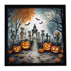 Skeleton Spooky Halloween Framed Metal Print Bathroom, Kitchen, Office, Home Decor Wall Art Ready to Hang, Square, 8X8