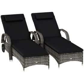 2 Reclining Chaise Lounge Chairs, Rolling Outdoor Chairs With Cushion, Pillow, Headrest, Armrests, And Wheels, Black (Option: black)