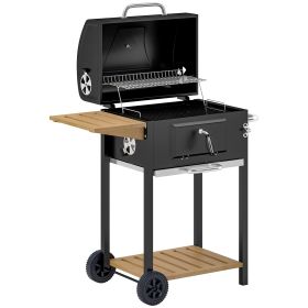 Charcoal BBQ Grill, Outdoor Portable Cooker For Camping Or Backyard Picnic, Barbecue Grill With Side Table, Bottom Storage Shelf, Wheels And Hand (Option: black)