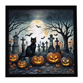 Black Cat Spooky Halloween Framed Metal Print Bathroom, Kitchen, Office, Home Decor Wall Art Ready to Hang, Square, 8X8 (Default: Default)