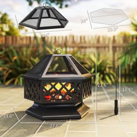 28 Outdoor Fire Pit With Grill Hexagon Fireplace Wood Burning Firepit With Cooking Grate, Fire Poker,  Screen Lid (Option: black)